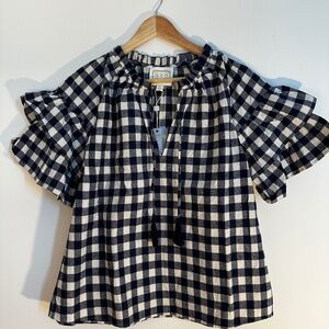 NWT Sail To Sable Blue Gingham Plaid Short Ruffle Sleeve Top Size Medium